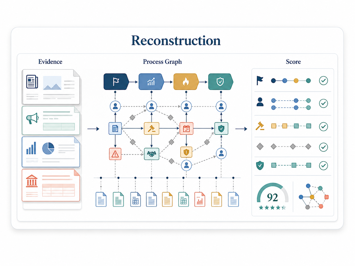 Reconstruction evaluation with evidence, graph recovery, and diagnostic scoring